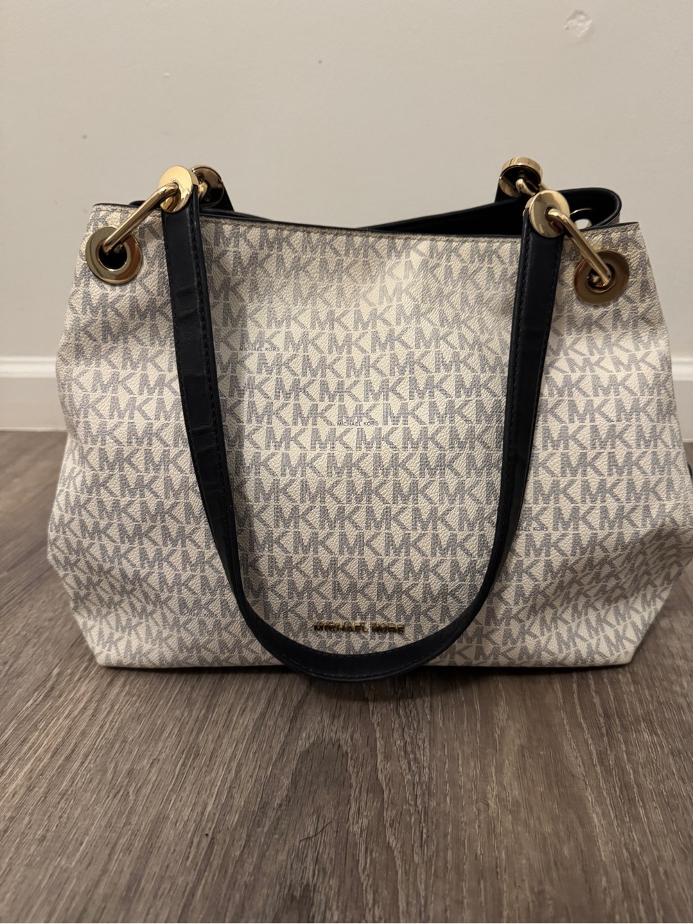 Michael Kors White-Beige MK Logo Tote with Black Straps